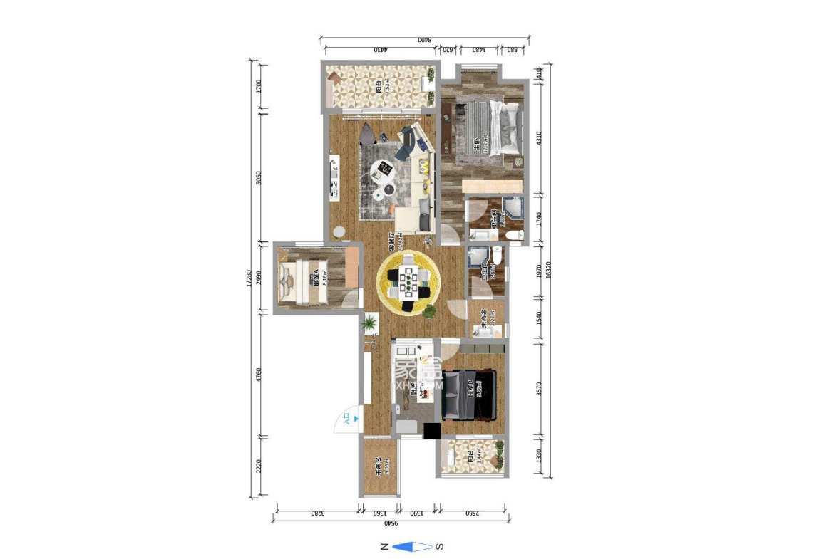 南颐园  3室2厅2卫    1600.0元/月户型图