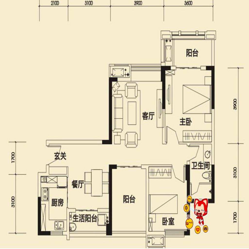 中海锦城二期  3室2厅1卫   100.00万户型图