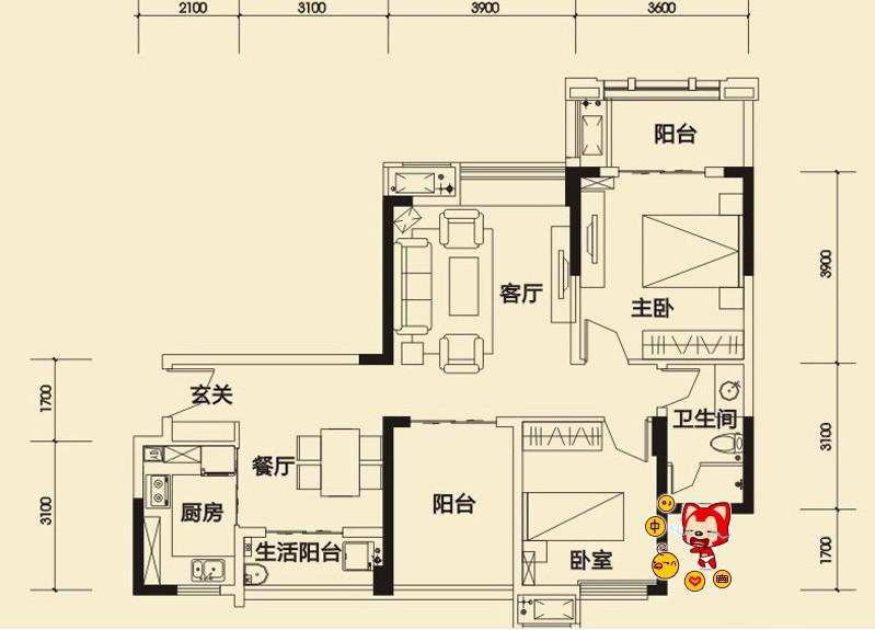 中海锦城二期  3室2厅1卫   83.00万户型图