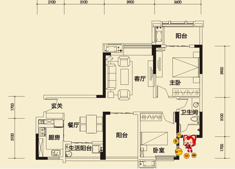 中海锦城二期  3室1厅1卫    2400.0元/月