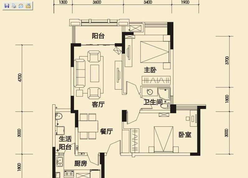 中海锦城一期  2室1厅1卫    2000.0元/月室内图1