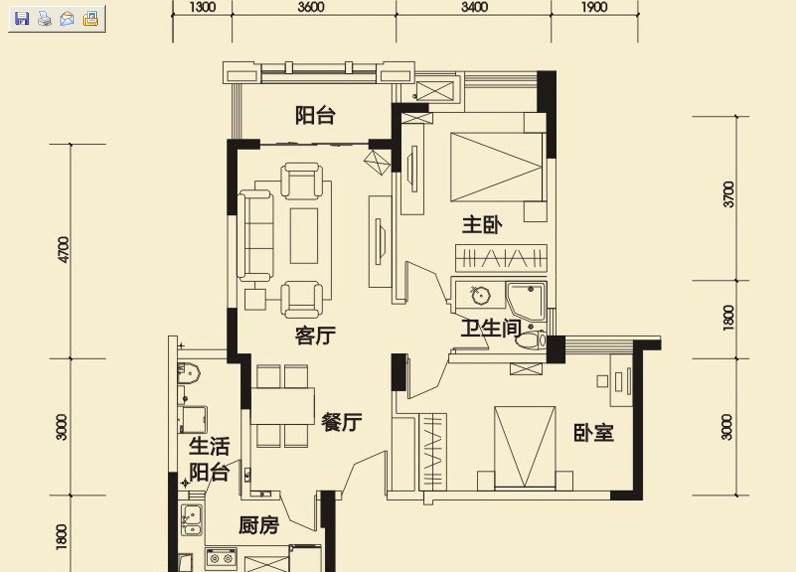 中海锦城一期  2室2厅1卫   2200.00元/月室内图1