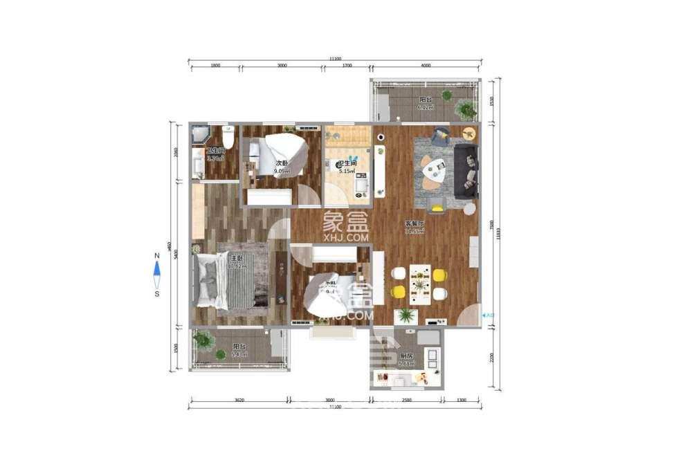 星城国际  3室2厅2卫   2600.00元/月户型图
