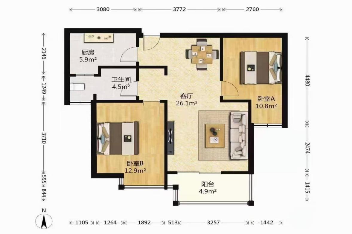 北寨子村安置楼  3室2厅1卫   2700.00元/月户型图