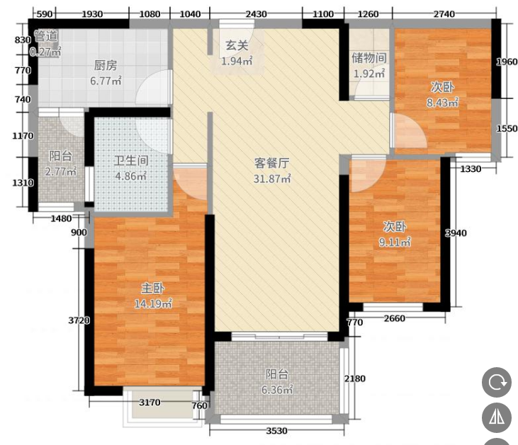 恒大华府  3室2厅1卫   90.00万户型图