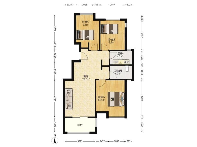 新保利清能西海岸北区  3室2厅1卫   135.00万室内图1
