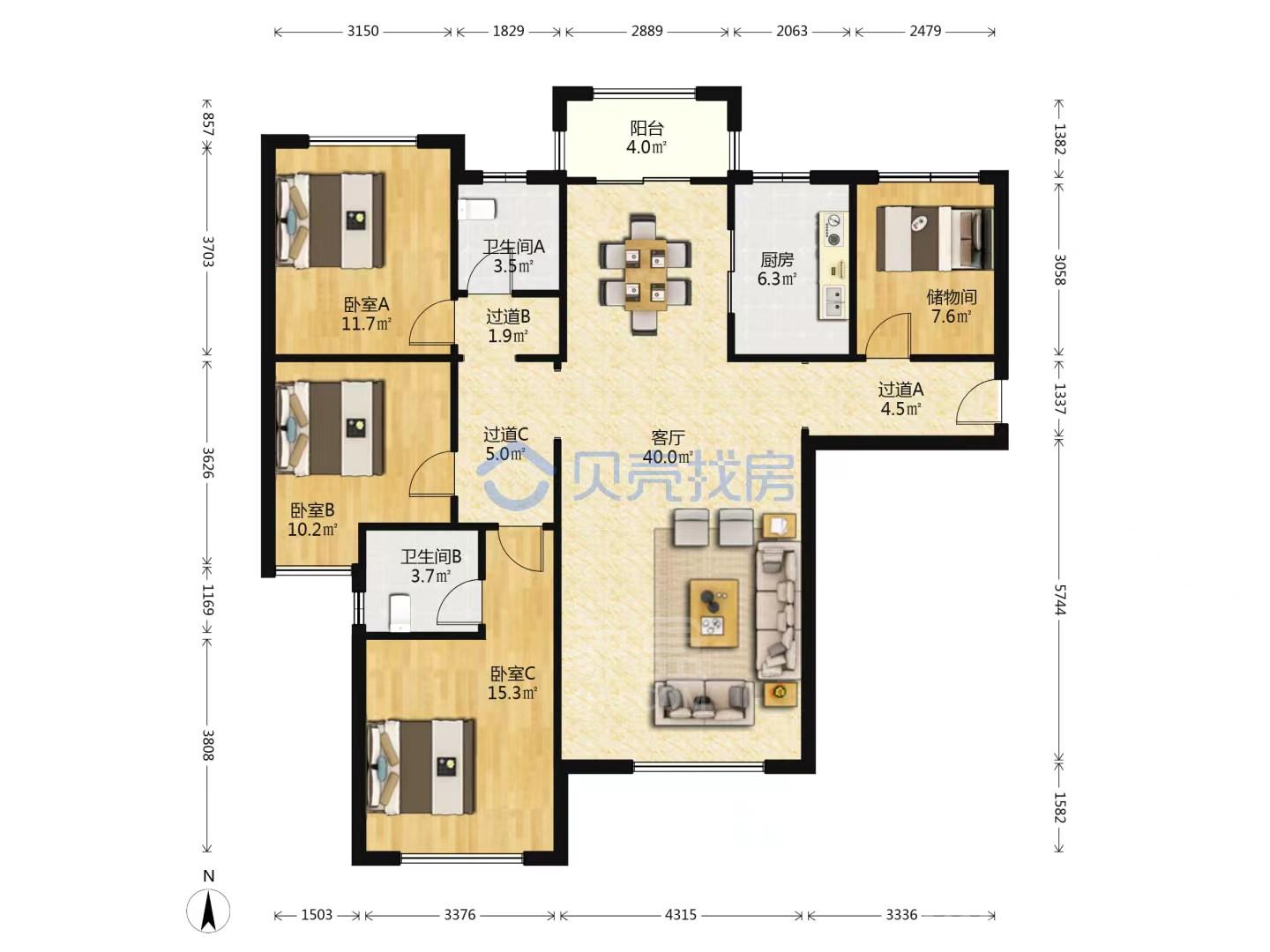 长房湘江府  3室2厅2卫   2000.00元/月