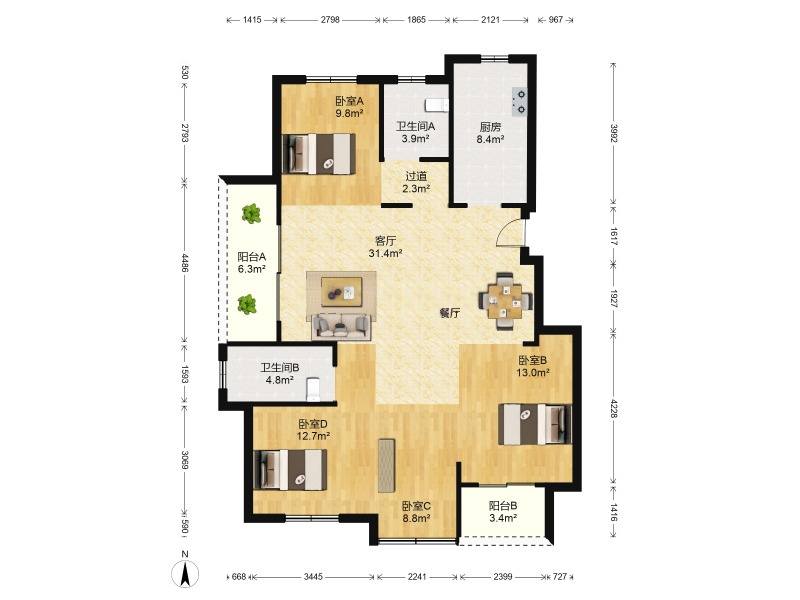 长投绿城兰园  4室2厅2卫   178.00万室内图1