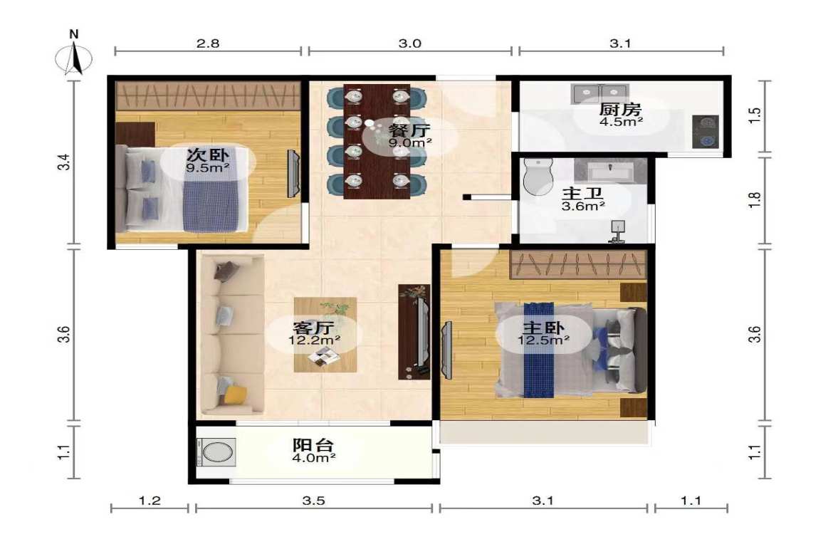 宝业光谷丽都  2室2厅1卫   145.00万室内图1