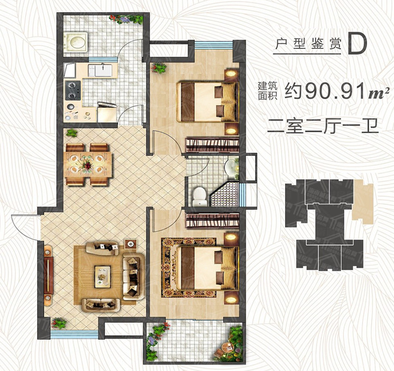 恒大绿洲  2室2厅1卫   1600.00元/月室内图1