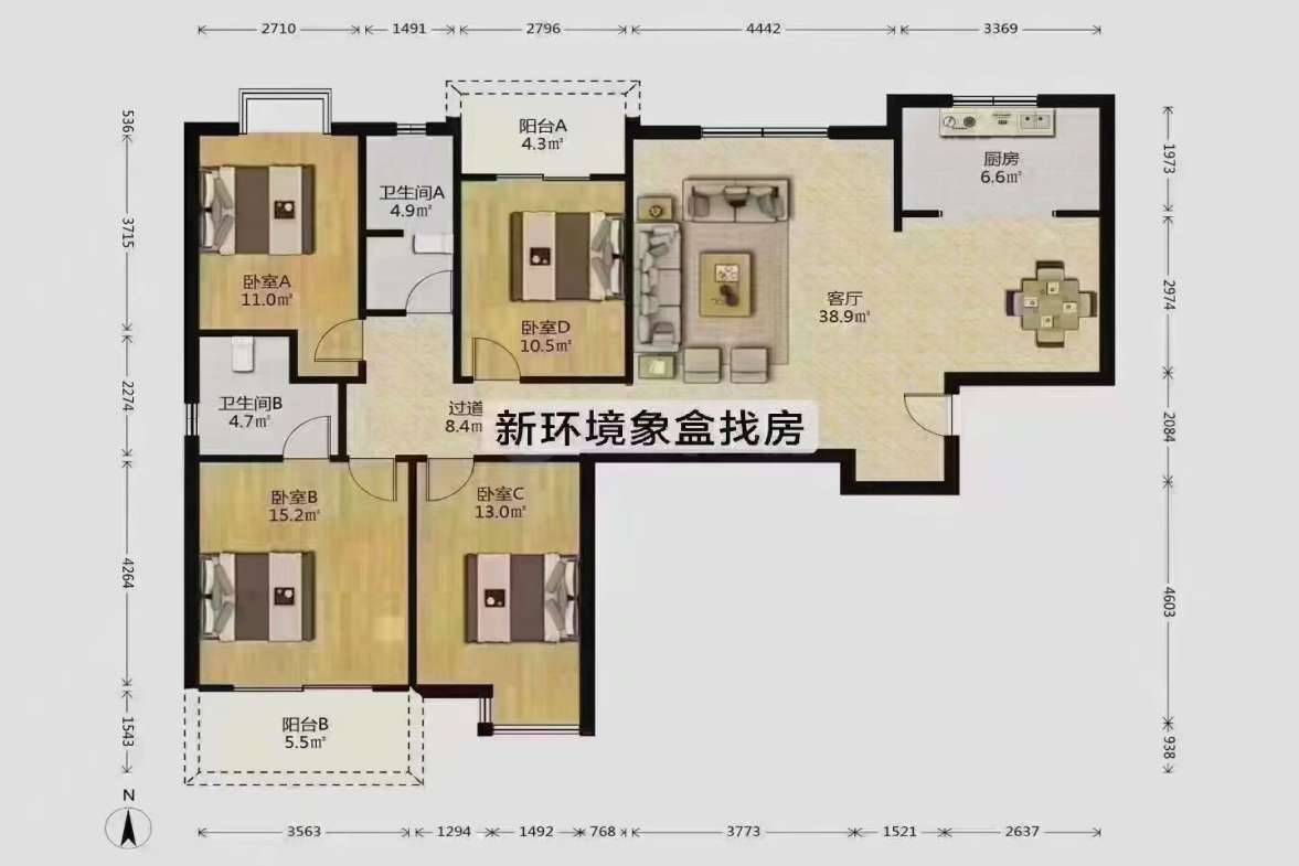 和康园小区  3室2厅2卫    2200.0元/月户型图