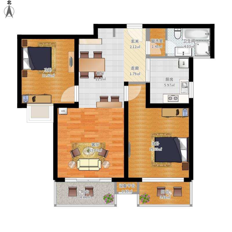 恒大华府  3室2厅2卫   84.00万室内图1