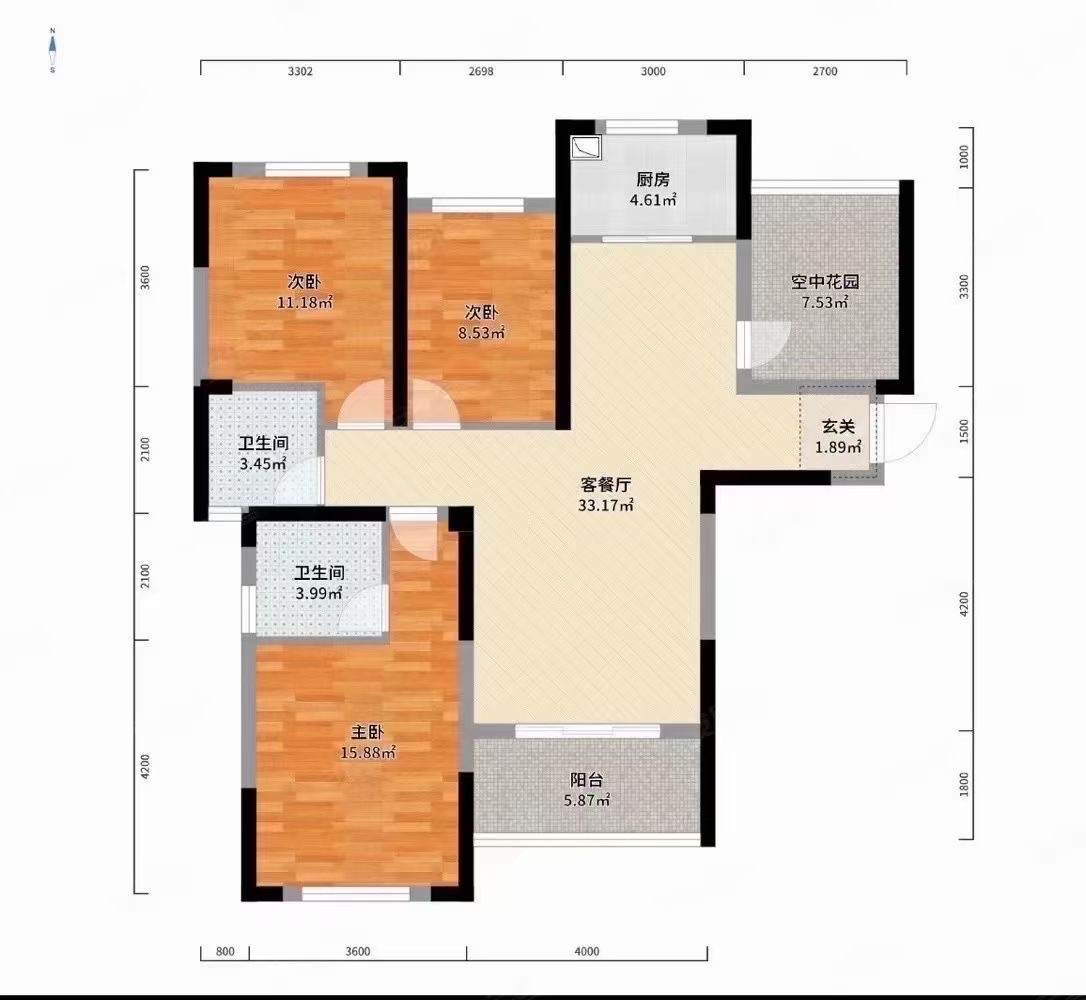 轻化公司宿舍向东南6号（产权南湖路46号）  3室2厅2卫   2100.00元/月户型图