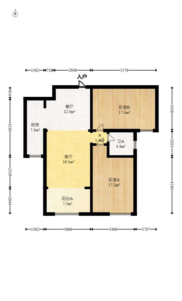 五矿万境水岸五期（五矿万境水岸文苑）  2室2厅1卫    2400.0元/月户型图