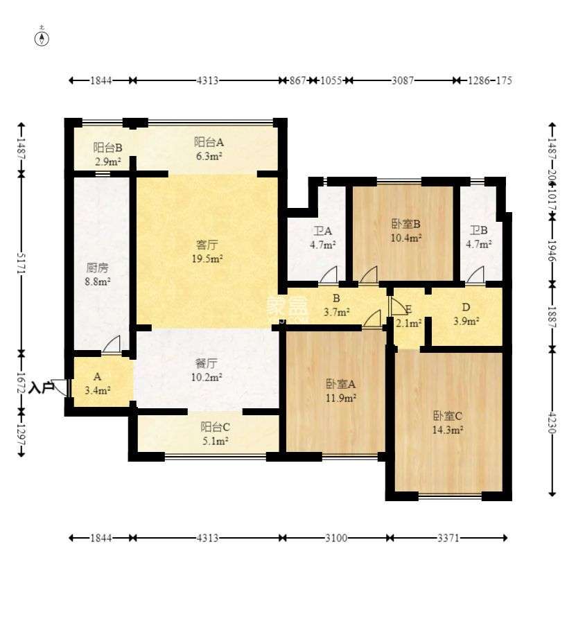 恒大上林苑  3室2厅2卫   2800.00元/月户型图