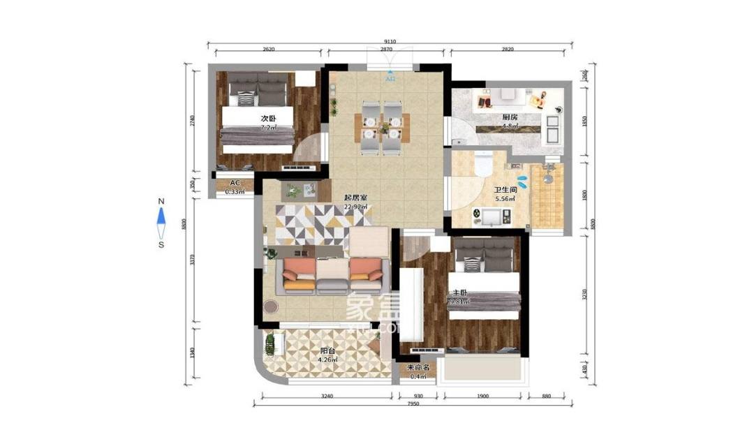 五矿万境水岸一期（万境水岸嘉苑）  2室2厅1卫   2100.00元/月户型图
