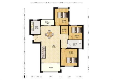 金地艺境  3室1厅2卫   3800.00元/月