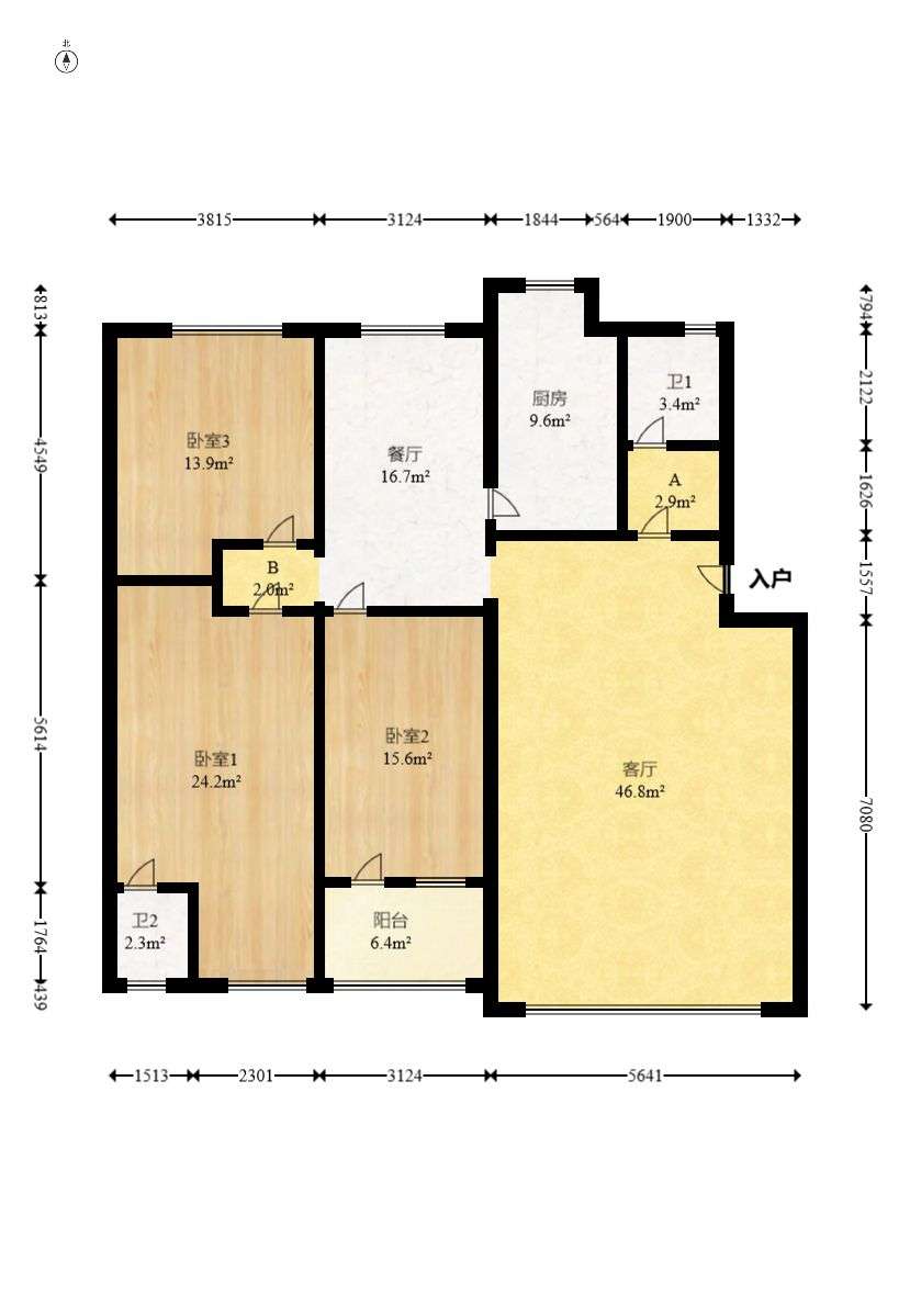 荷花园地税局宿舍  3室2厅2卫   3000.00元/月户型图