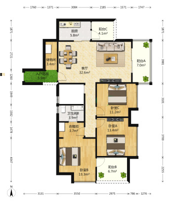 航天城上城  3室1厅1卫    4800.0元/月室内图1