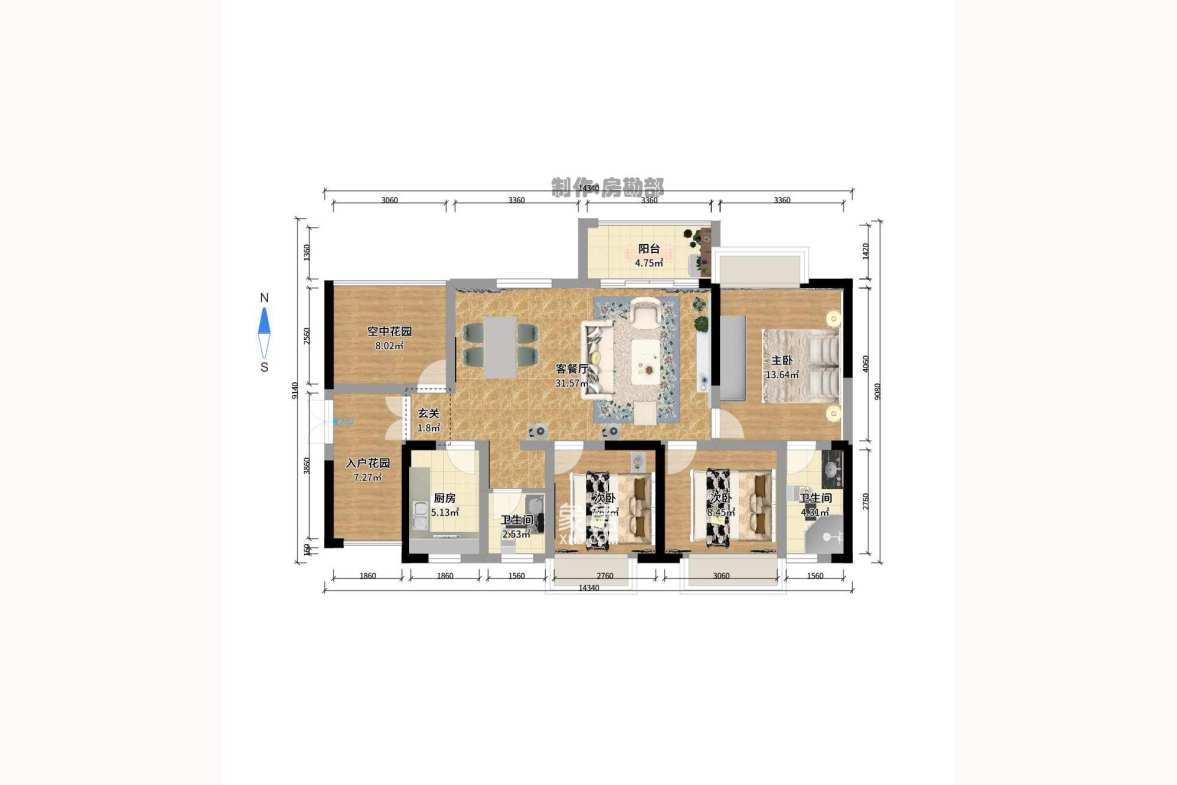 湖湾世景  3室2厅1卫    1500.0元/月户型图
