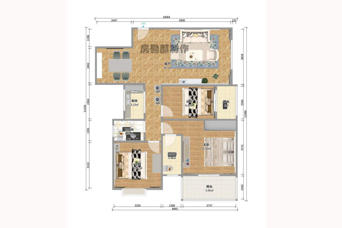 松雅湖畔  3室2厅1卫   1000.00元/月户型图