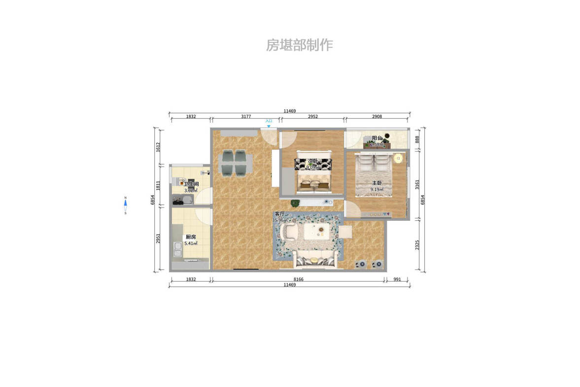 建鸿达现代公寓 2室2厅1厨1卫 2500.00元/月户型图