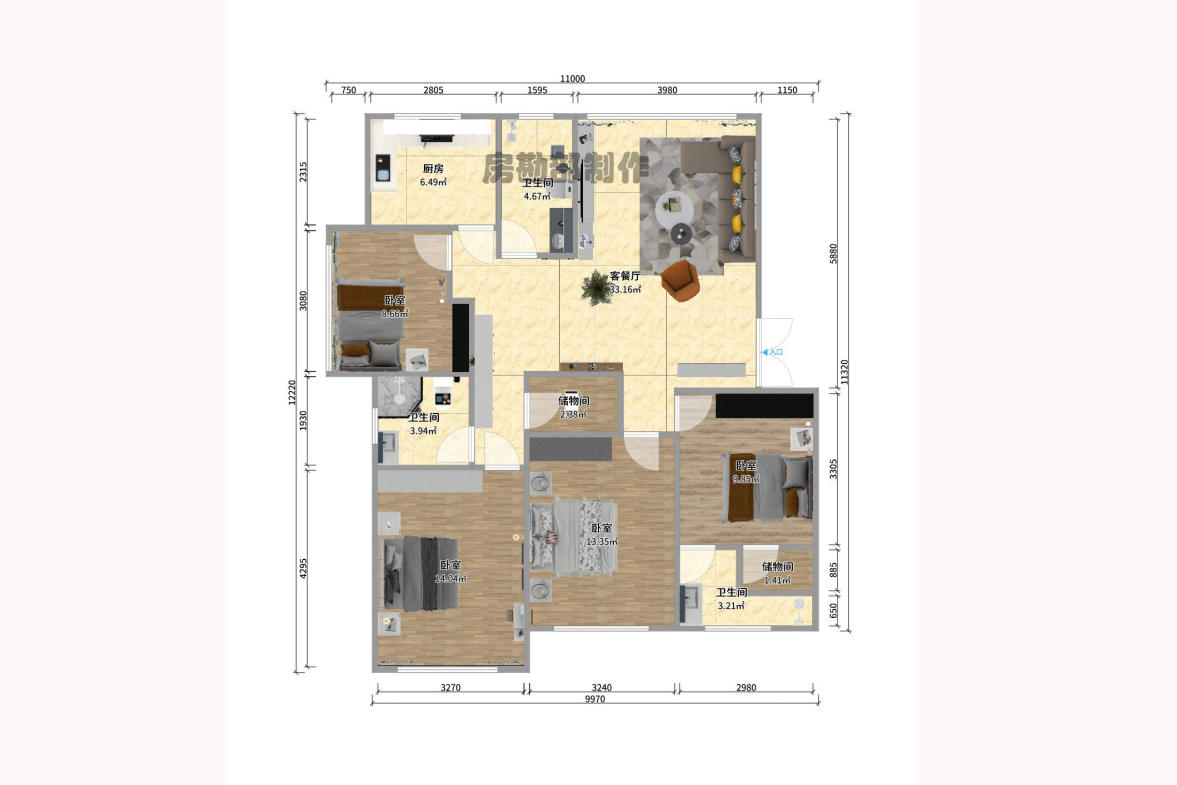 竹韵商居  3室2厅2卫   100.00万户型图
