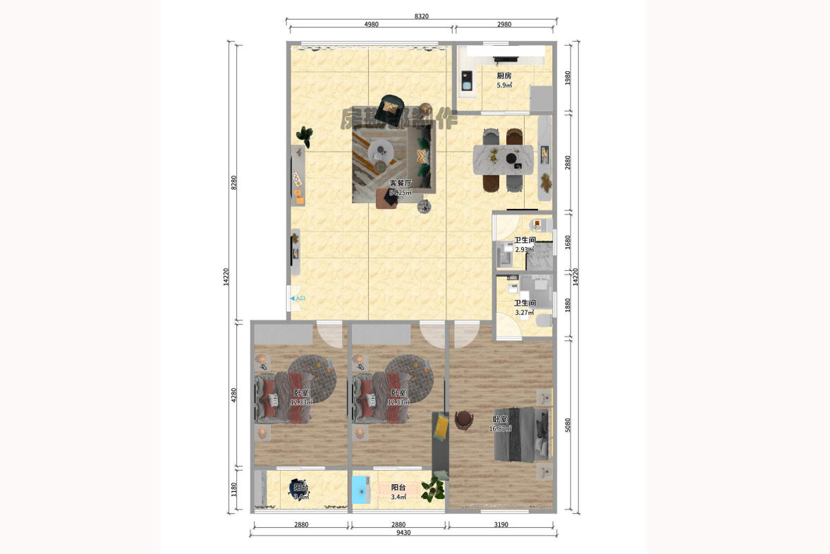 文艺公寓  3室2厅1卫    130.5万户型图