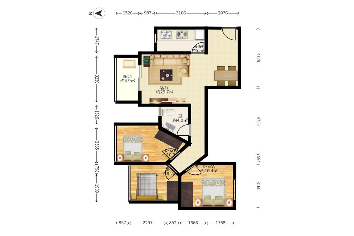 泊林晶城  3室2厅1卫   57.80万户型图