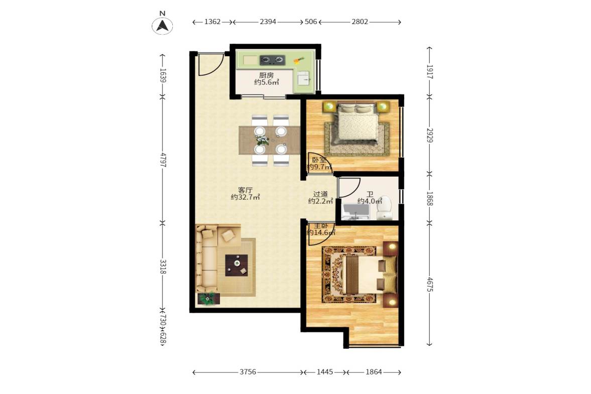 鑫远和城（一、二期）  2室2厅1卫   66.80万户型图