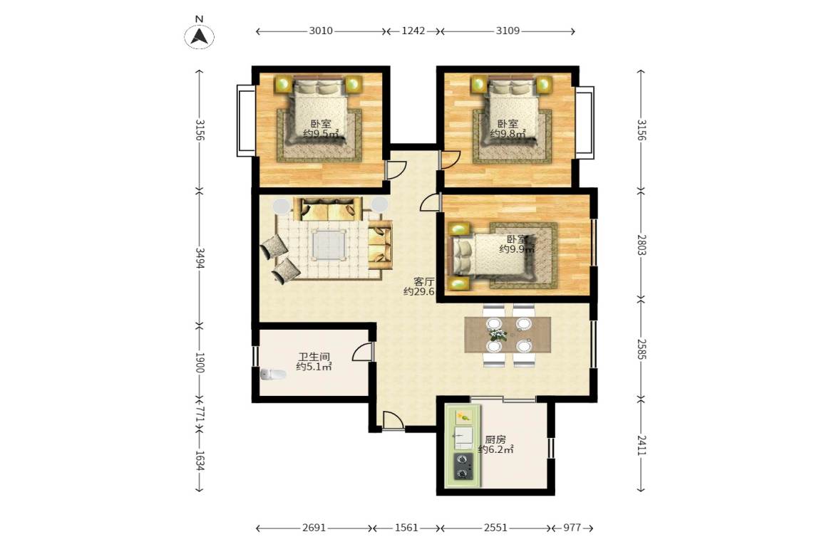 兰亭湾畔  3室2厅1卫   98.00万户型图