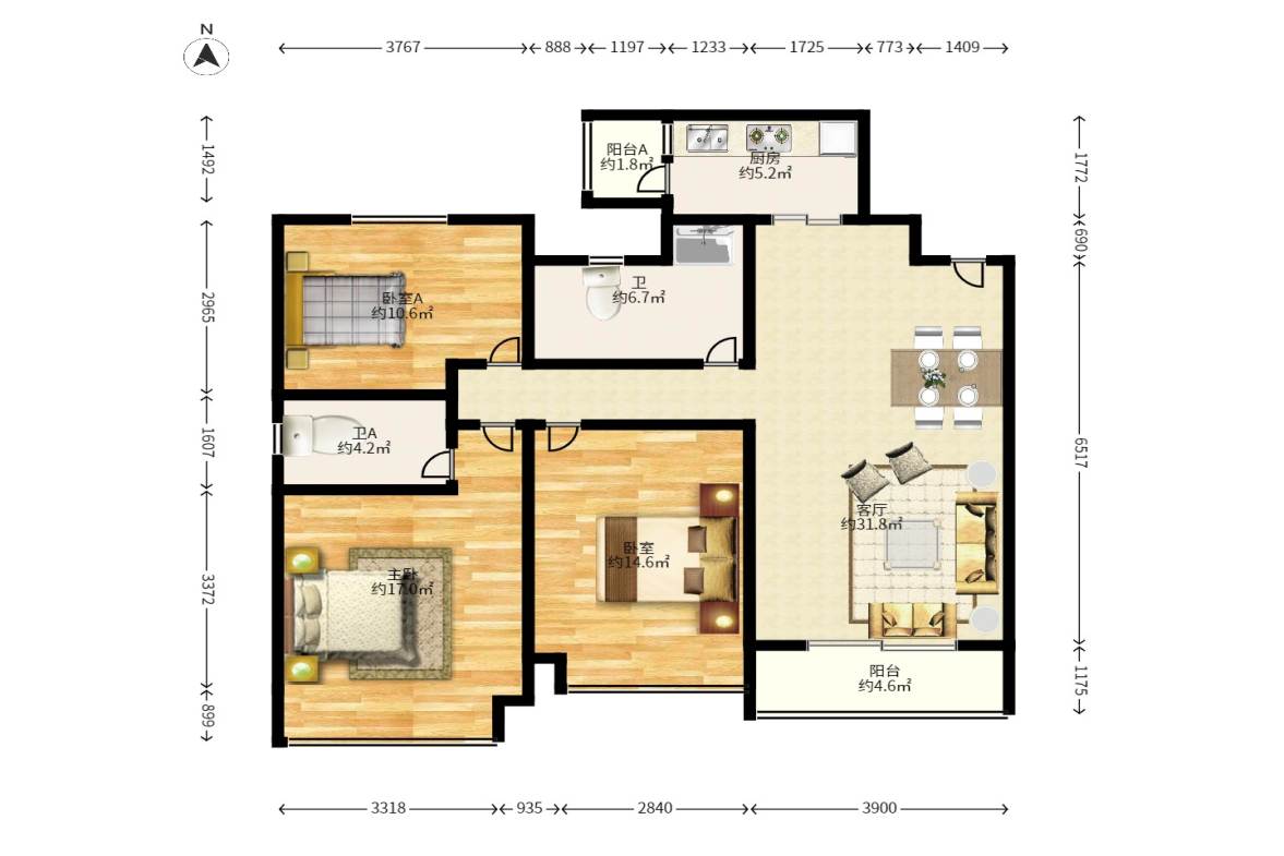 恒大城  3室2厅2卫   112.00万户型图