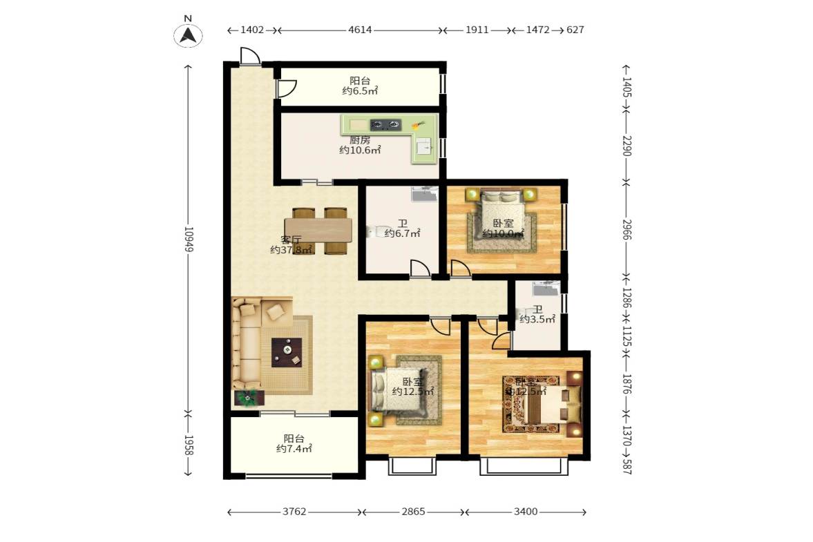 金色溪泉湾  3室2厅2卫   124.00万户型图