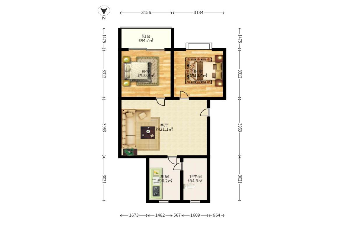 涂北社区-涂北新村  2室2厅1卫   59.40万户型图