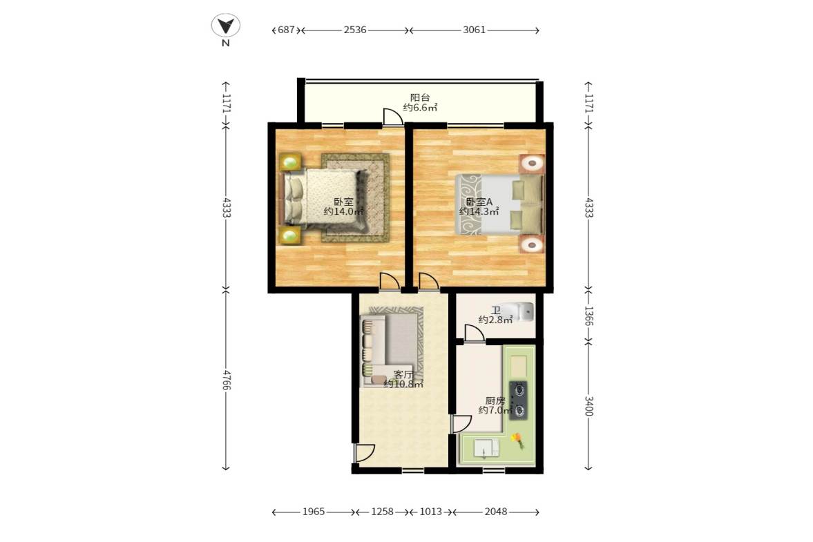 郊区外贸宿舍  2室1厅1卫   67.00万户型图