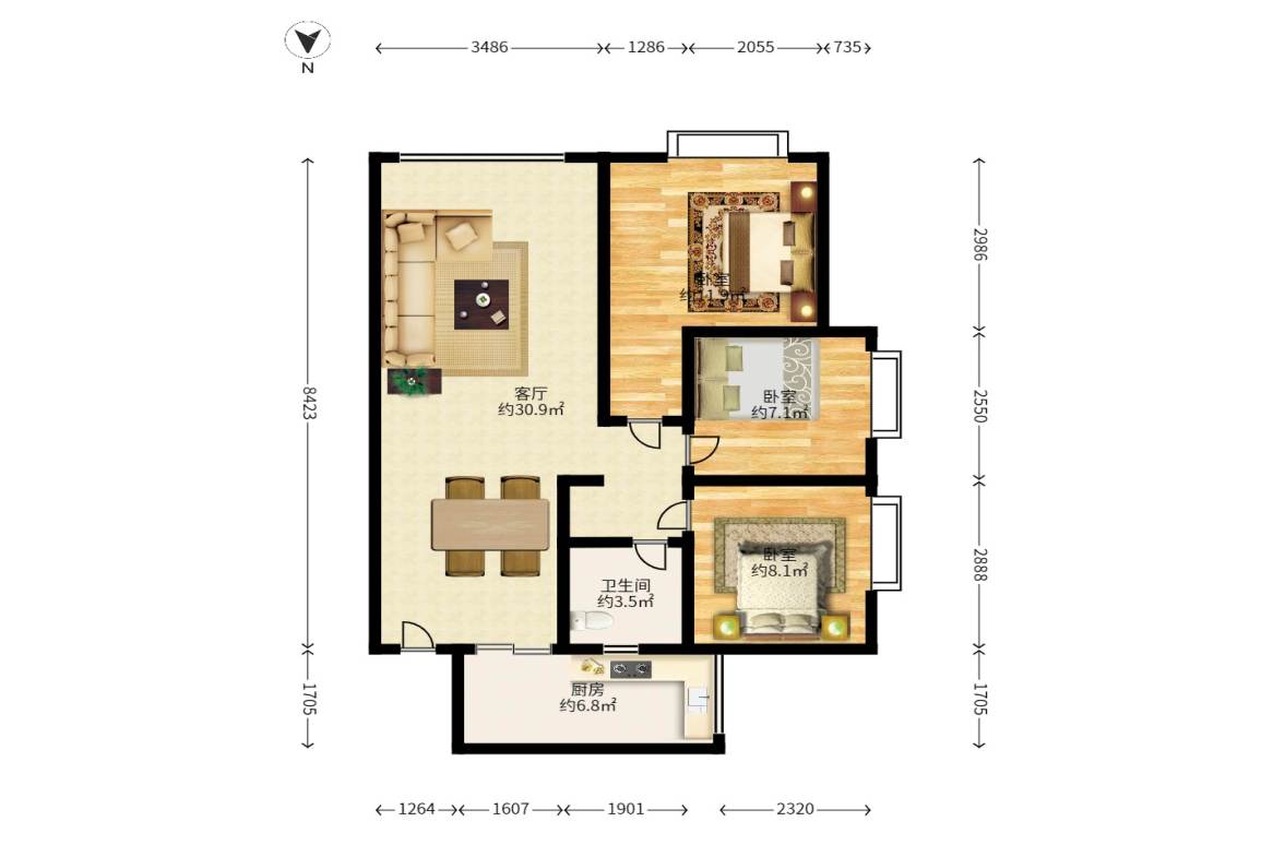 蓝山郡  3室2厅1卫    73.8万户型图