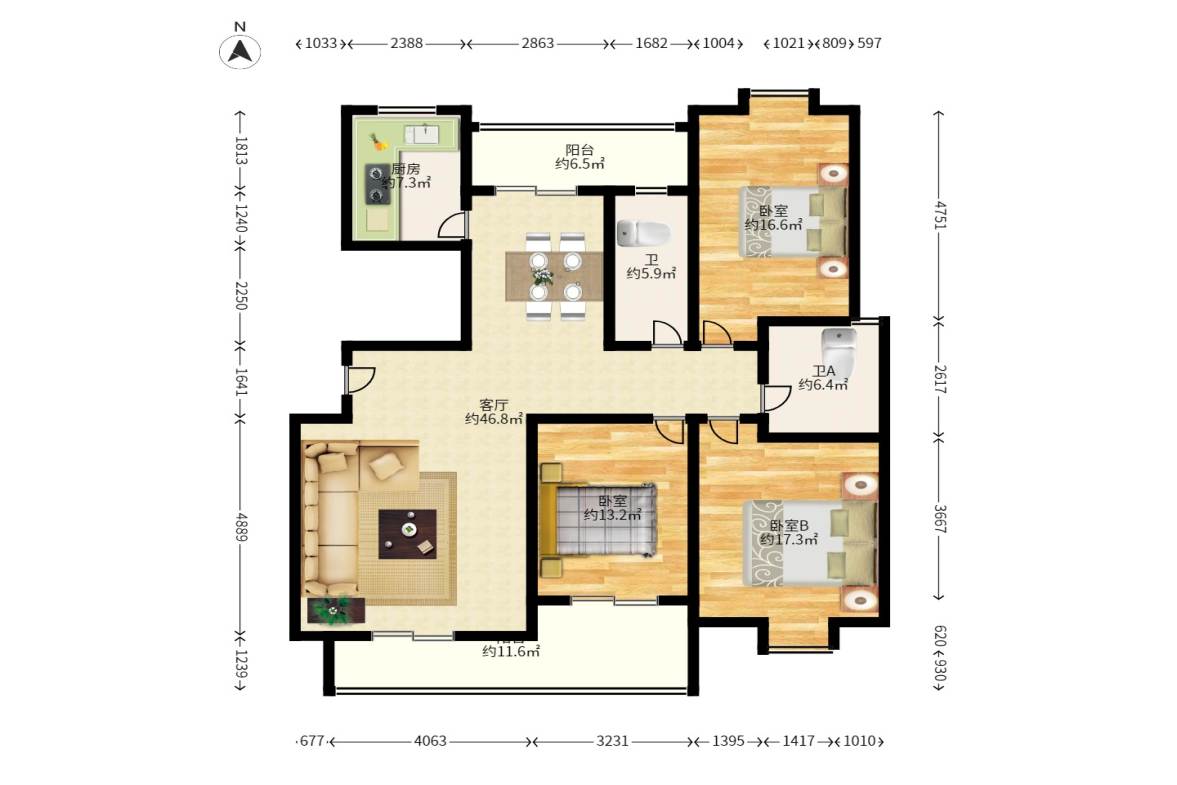 财富名园  3室2厅2卫   116.00万户型图