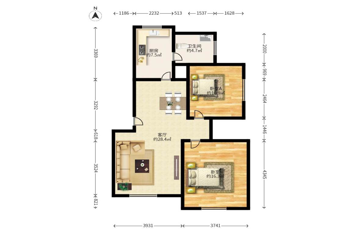 郡原居里  2室2厅1卫   88.00万户型图