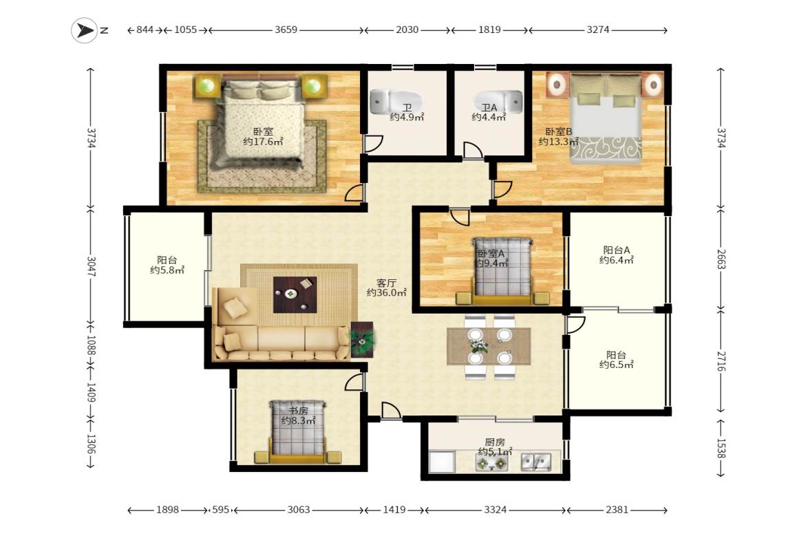 国泰九龙湾  4室2厅2卫   1200.00元/月户型图