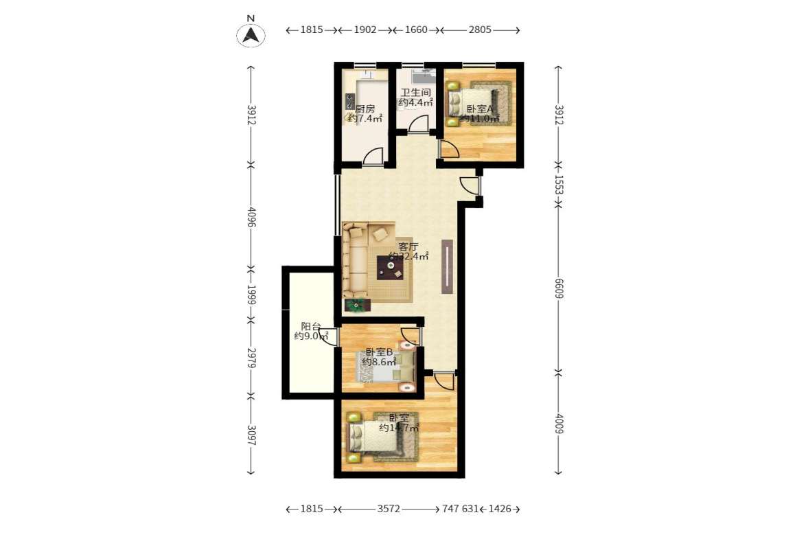 旭辉御府  3室2厅1卫    145.0万户型图