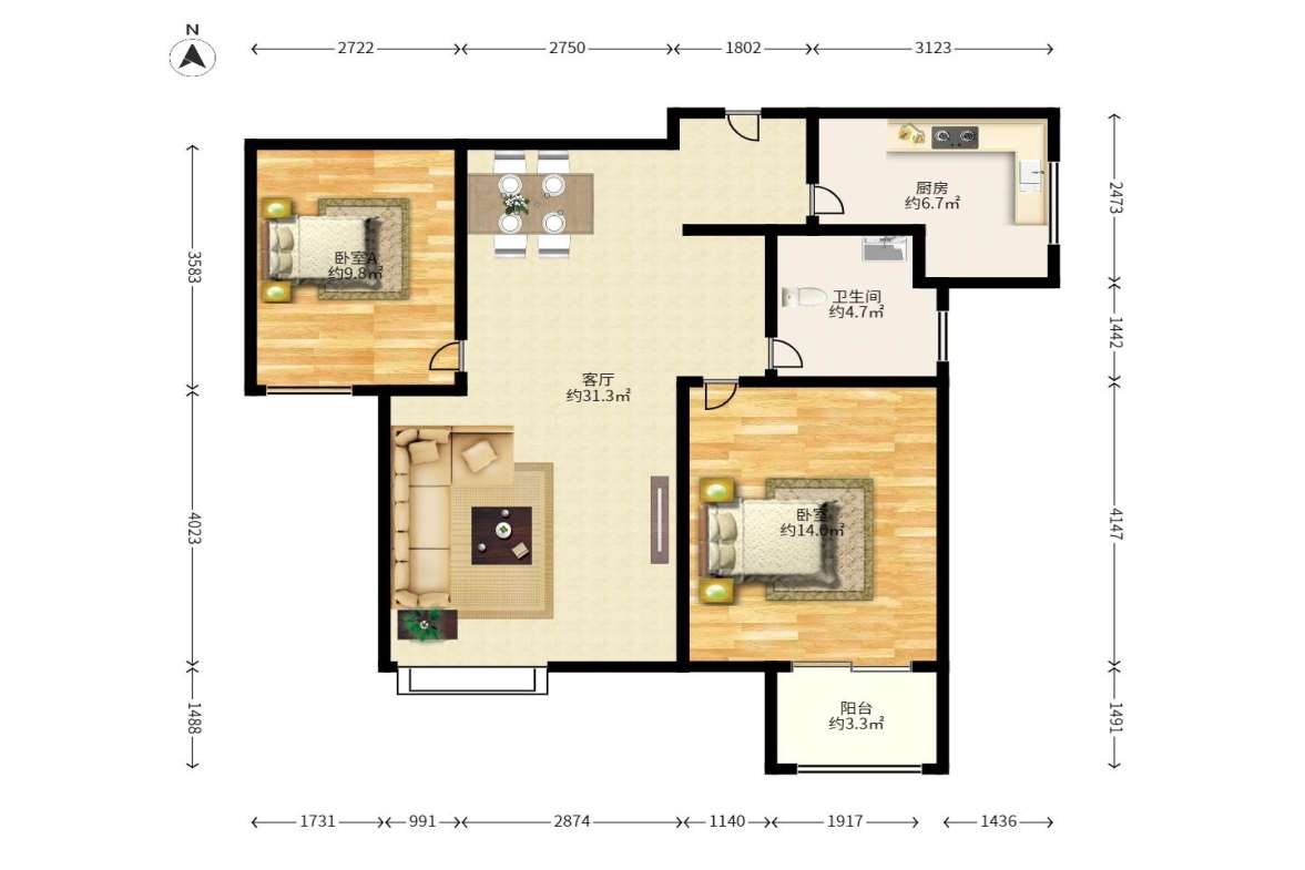 北辰三角洲D3区  2室2厅2卫   123.00万户型图