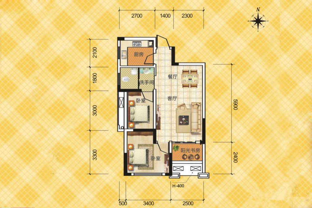 佛奥康桥水岸  3室2厅1卫    2000.0元/月户型图