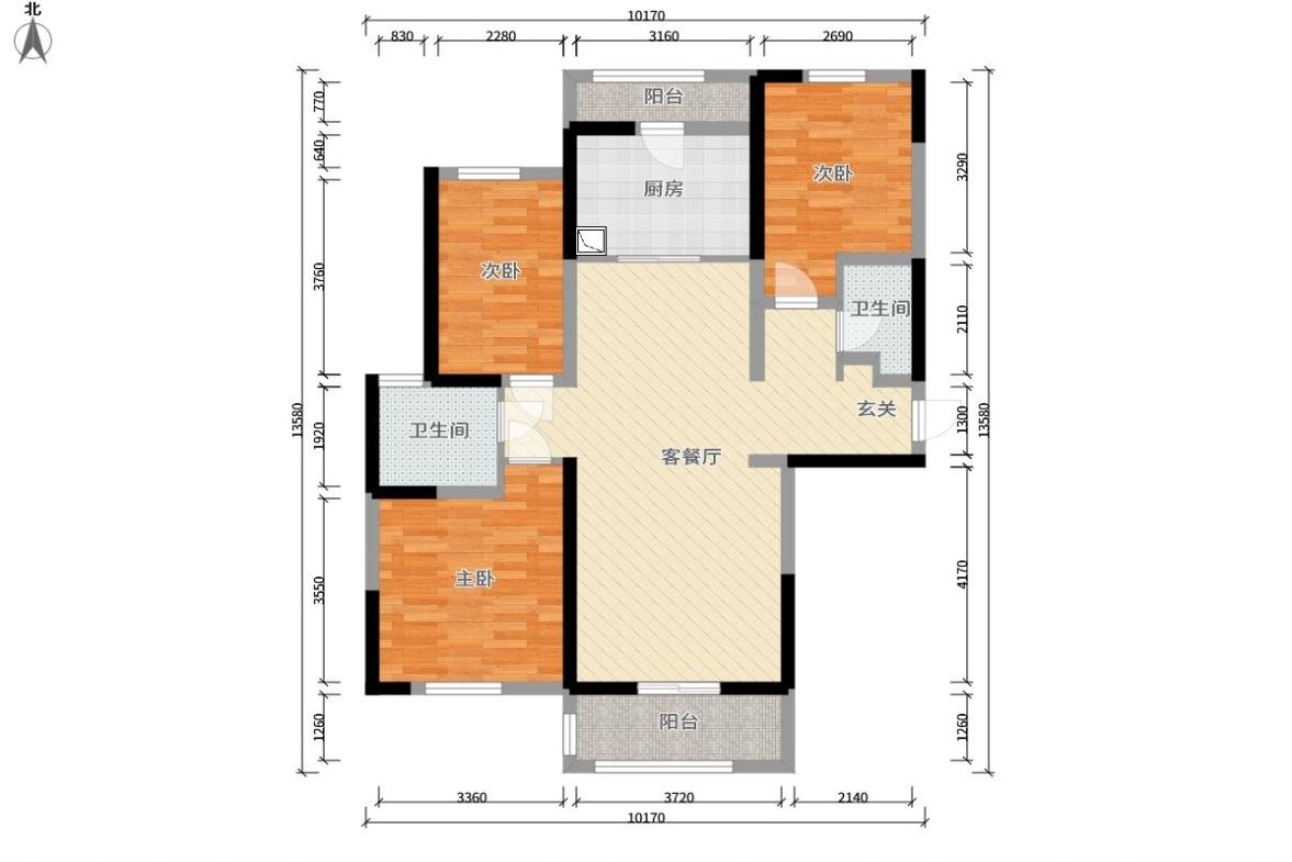 中海凯旋门  3室2厅2卫   4000.00元/月户型图