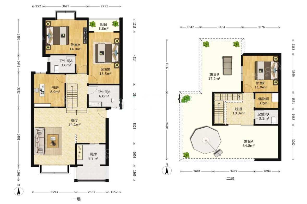 博瑞都市花园  3室1厅2卫    4500.0元/月室内图1