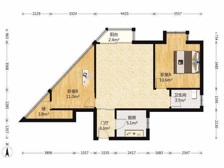 二十一世纪花园五期  2室1厅1卫   1800.00元/月室内图1