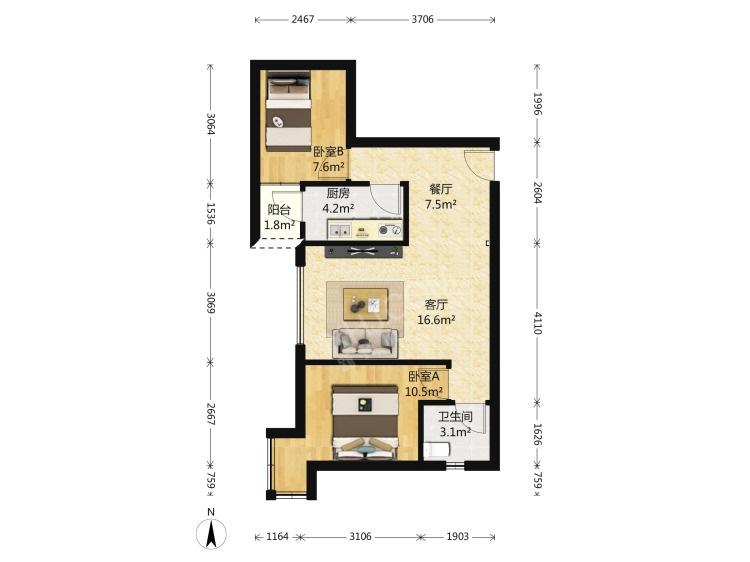 时代晶座  2室1厅1卫   145.00万