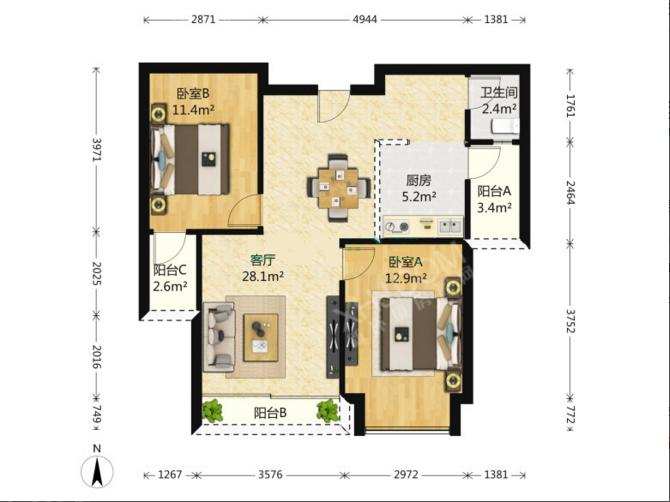 优品道  2室2厅1卫   252.00万室内图1
