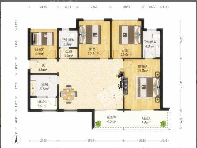 凯德世纪名邸  4室1厅2卫    4300.0元/月室内图1