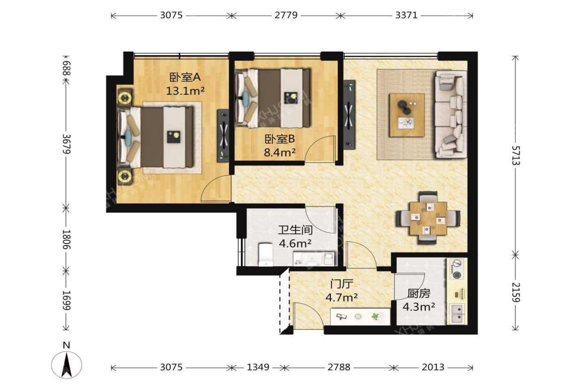 凯德世纪名邸  2室1厅1卫   2700.00元/月室内图1