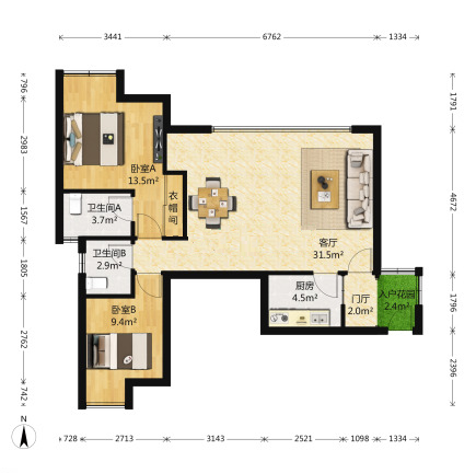 时代晶座  2室1厅1卫    3500.0元/月室内图1